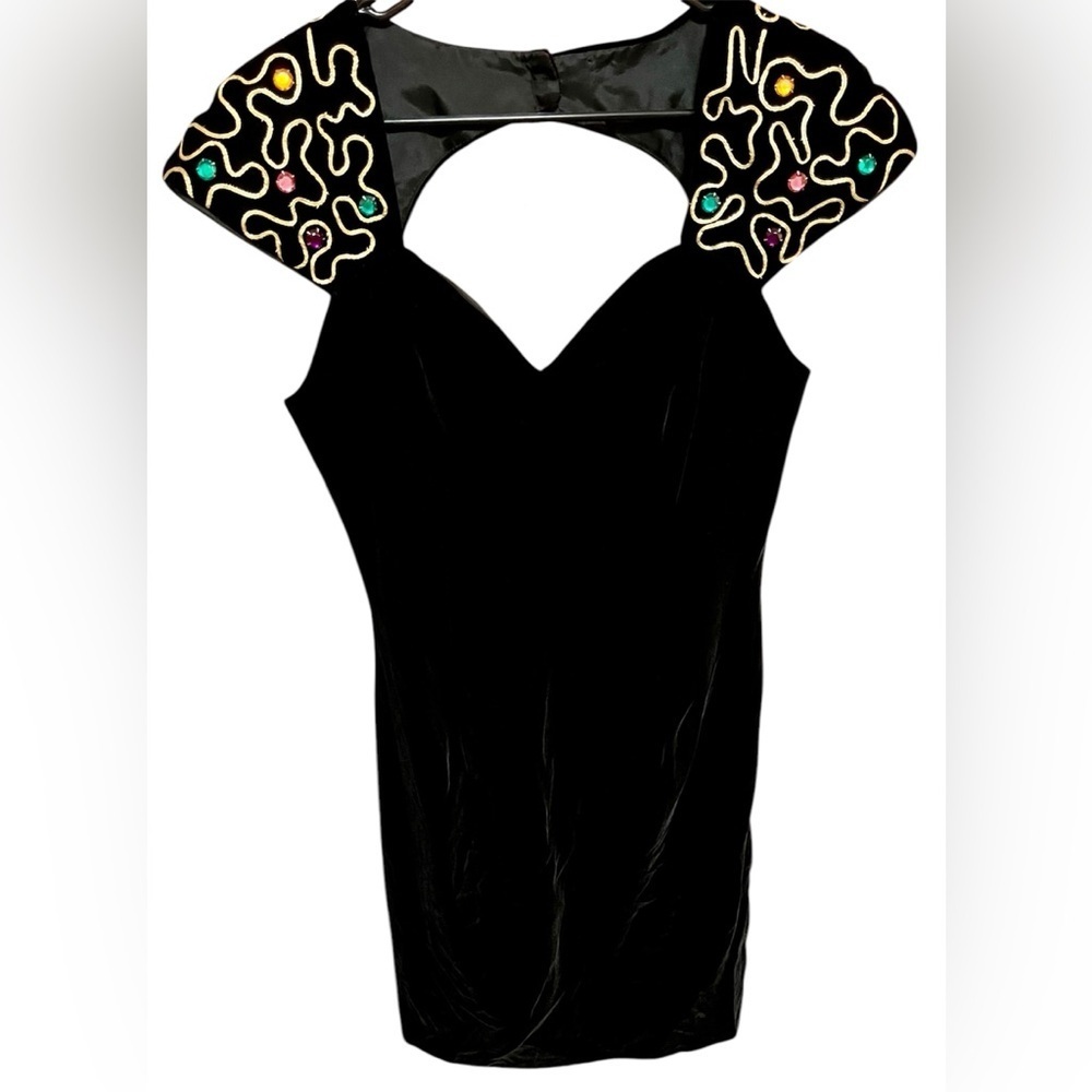 Evening Chic by Lola Berent Vntg Velvet Midi Jewled Little Black Dress